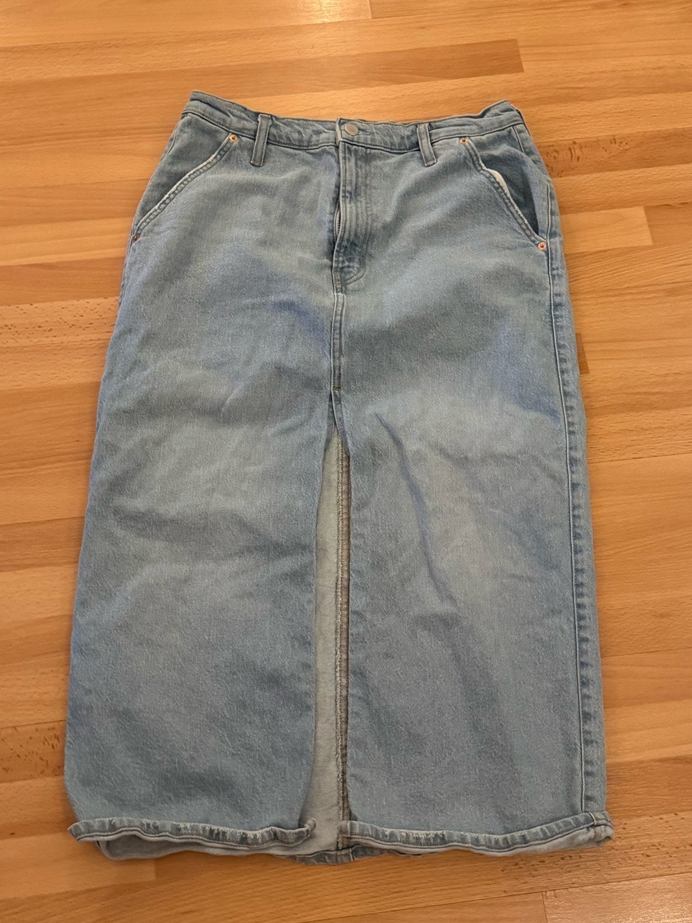 Light Blue Denim Midi Skirt with Front Slit